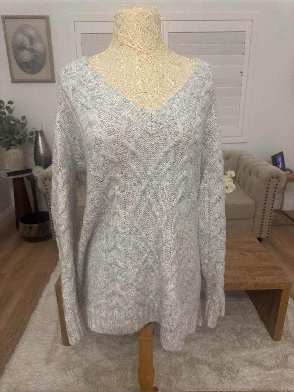 Torrid Light Gray Cable Knit V-Neck Sweater